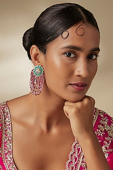 Gold Finish Purple Agate Crystal & Turquoise Stone Dangler Earrings
