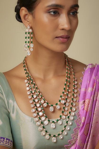 Rose Gold Finish Uncut Kundan Polki & Green Stone Layered Necklace Set