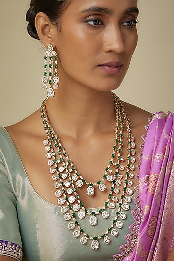 Rose Gold Finish Uncut Kundan Polki & Green Stone Layered Necklace Set