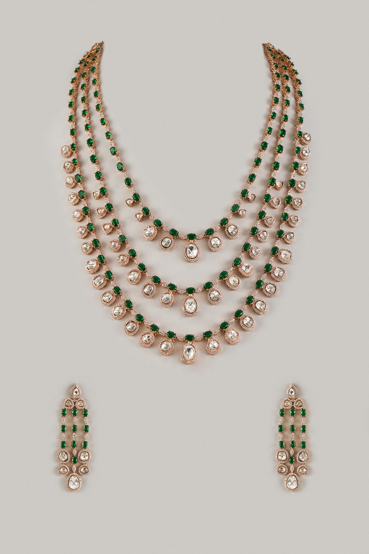 Rose Gold Finish Uncut Kundan Polki & Green Stone Layered Necklace Set