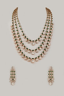 Rose Gold Finish Uncut Kundan Polki & Green Stone Layered Necklace Set
