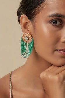 Gold Finish Green Agate Crystal & Moissanite Stone Dangler Earrings