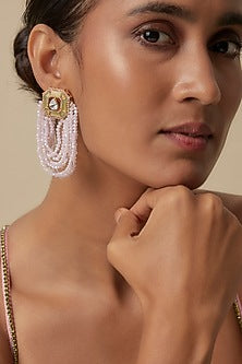 Gold Finish Peach Agate Crystal & Moissanite Stone Dangler Earrings
