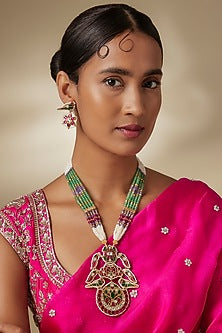 Gold Finish Kundan Polki & Multi-Colored Gemstone Long Beaded Necklace Set