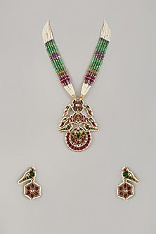 Gold Finish Kundan Polki & Multi-Colored Gemstone Long Beaded Necklace Set