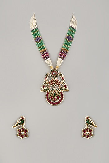 Gold Finish Kundan Polki & Multi-Colored Gemstone Long Beaded Necklace Set