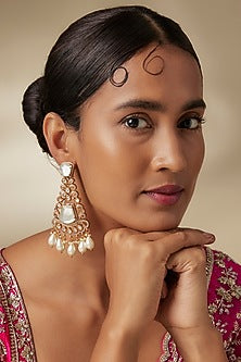 Gold Finish Moissanite Stone & Mother Of Pearl Dangler Earrings