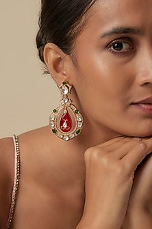 Gold Finish Uncut Kundan Polki & Ruby Drop Chandbali Earrings