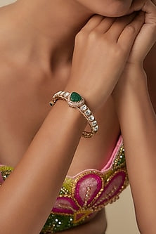 Gold Finish Uncut Polki & Green Stone Openable Bangle