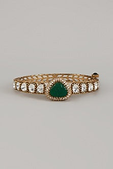Gold Finish Uncut Polki & Green Stone Openable Bangle