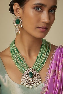 Two Tone Finish Emerald Agate Beaded & Uncut Kundan Polki Long Necklace Set