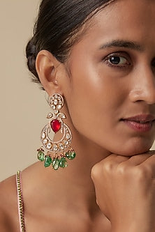 Gold Finish Ruby & Green Aventurine Stone Dangler Earrings