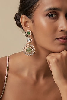 Gold Finish Uncut Polki & Green Aventurine Stone Dangler Earrings
