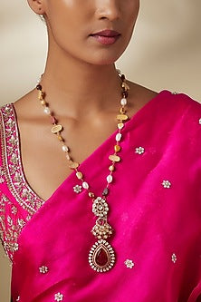 Gold Finish Moissanite Stone & Pearl Long Pendant Necklace