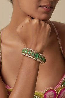 Gold Finish Uncut Polki & Green Aventurine Stone Openable Bangle