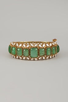 Gold Finish Uncut Polki & Green Aventurine Stone Openable Bangle