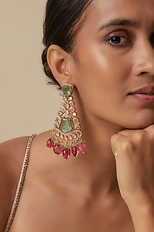 Gold Finish Rose & Green Aventurine Stone Dangler Earrings