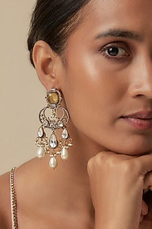 White Finish Kundan Polki & Perl Drop Dangler Earrings