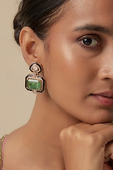 Gold Finish Doublet Green Stone & Cubic Zirconia Enameled Stud Earrings