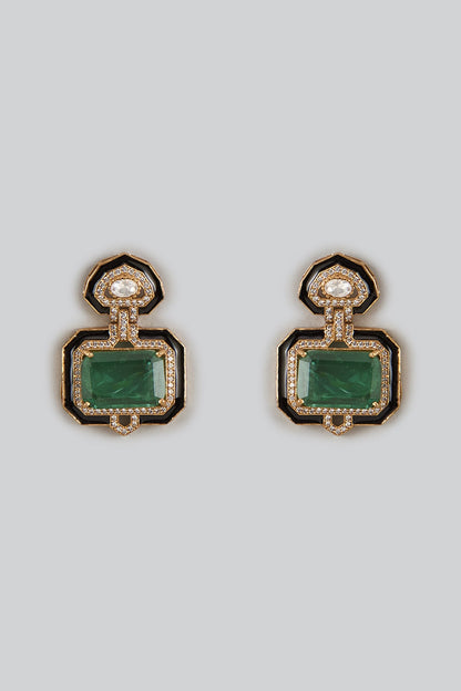 Gold Finish Doublet Green Stone & Cubic Zirconia Enameled Stud Earrings