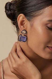 Gold Finish Doublet Blue Stone & Cubic Zirconia Enameled Stud Earrings