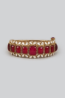 Gold Finish Uncut Kundan Polki & Ruby Aventurine Bangle