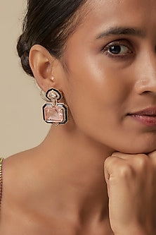 Gold Finish Doublet Rose Stone & Cubic Zirconia Enameled Stud Earrings