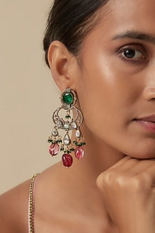 White Finish Green & Rose Aventurine Stone Dangler Earrings