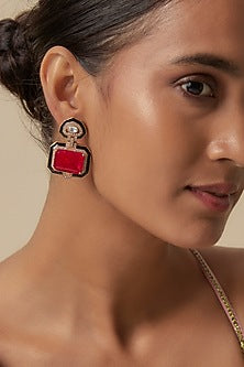 Gold Finish Doublet Ruby Stone & Cubic Zirconia Enameled Stud Earrings