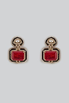 Gold Finish Doublet Ruby Stone & Cubic Zirconia Enameled Stud Earrings