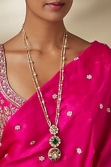 Gold Finish Moissanite Stone & Navratna Stone Long Pendant Necklace
