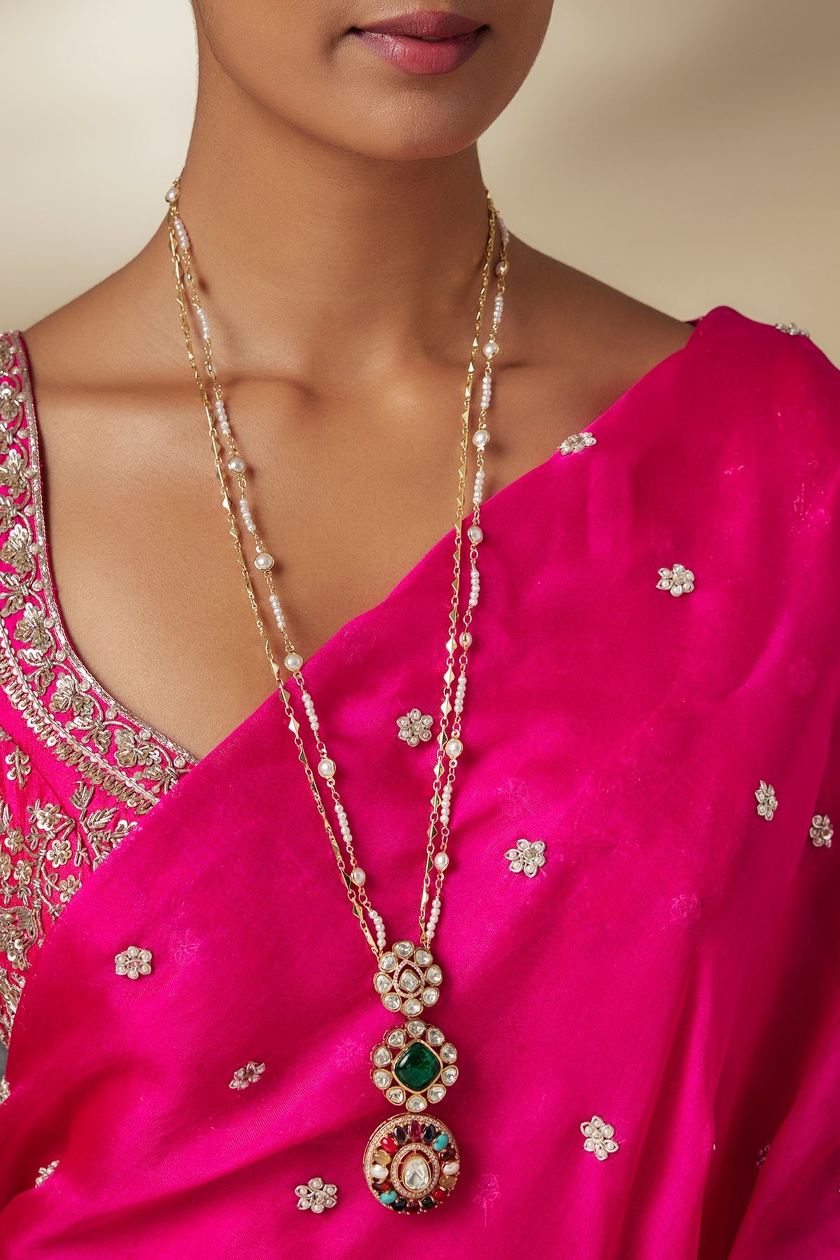 Gold Finish Moissanite Stone & Navratna Stone Long Pendant Necklace