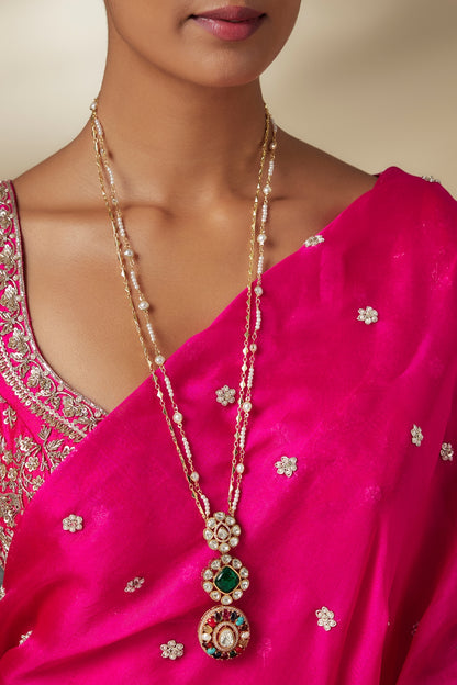 Gold Finish Moissanite Stone & Navratna Stone Long Pendant Necklace