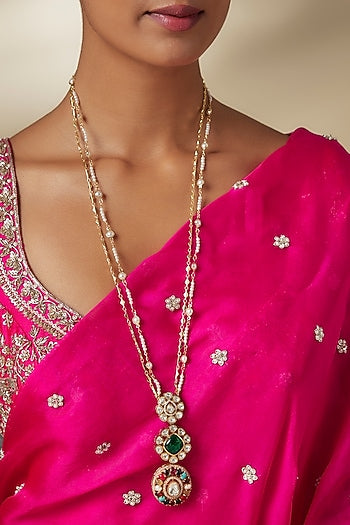 Gold Finish Moissanite Stone & Navratna Stone Long Pendant Necklace