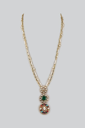 Gold Finish Moissanite Stone & Navratna Stone Long Pendant Necklace