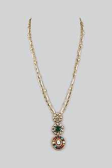 Gold Finish Moissanite Stone & Navratna Stone Long Pendant Necklace