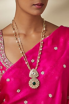 Gold Finish Moissanite Stone & Green Cabochon Long Pendant Necklace