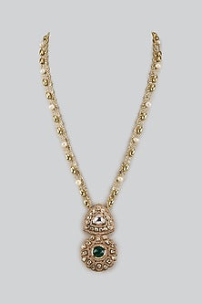 Gold Finish Moissanite Stone & Green Cabochon Long Pendant Necklace
