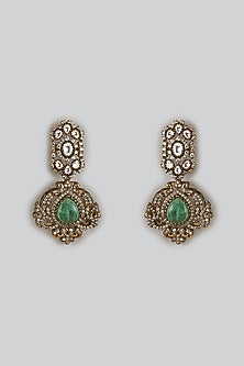 Black Rhodium Finish Uncut Kundan Polki & Green Aventurine Dangler Earrings