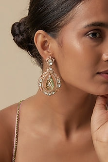 Gold Finish Uncut Kundan Polki & Gren Drop Chandbali Earrings
