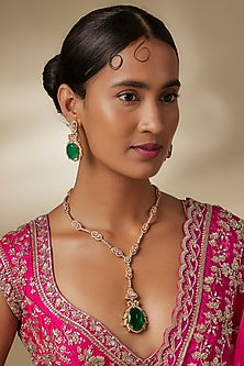 Rose Gold Finish Doublet Emerald & Cubic Zirconia Long Necklace Set
