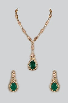 Rose Gold Finish Doublet Emerald & Cubic Zirconia Long Necklace Set