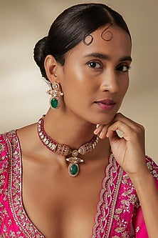 Gold Finish Moissanite Stone & Ruby Choker Necklace Set