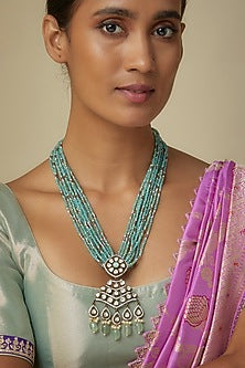 Black Rhodium Finish Blue Agate & Moissanite Polki Long Mala