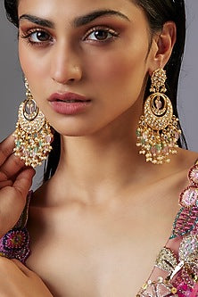 Gold Finish Pachi Kundan Polki Chandbali Earrings
