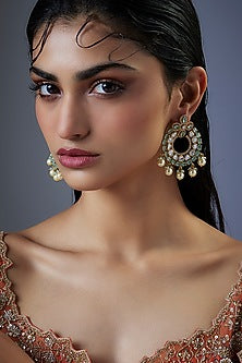 Gold Finish Moissanite Polki & Pearl Chandbali Earrings