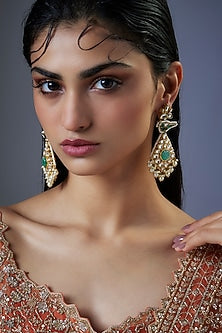 Gold Finish Pachi Kundan Polki Bird Dangler Earrings
