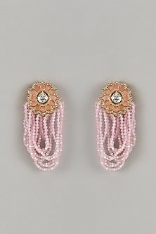 Gold Finish Moissanite Polki & Pink Agate Crystal Tassel Dangler Earrings