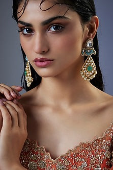 Gold Finish Pachi Kundan Polki & Blue Stone Bird Dangler Earrings