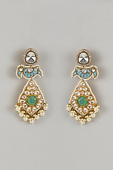 Gold Finish Pachi Kundan Polki & Blue Stone Bird Dangler Earrings
